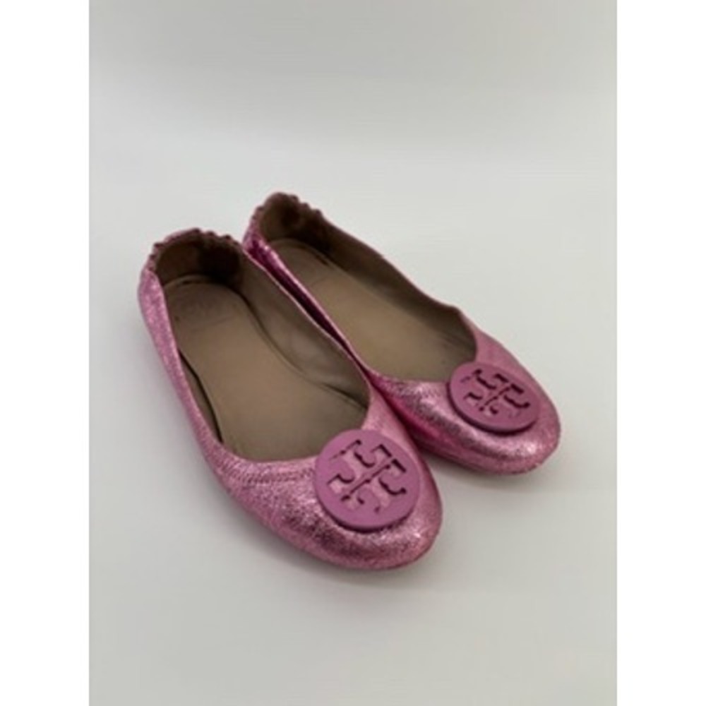 Tory Burch Minnie Travel Ballet Flats Metallic Pink Crackle Leather Logo Size7.5 - Picture 3 of 7